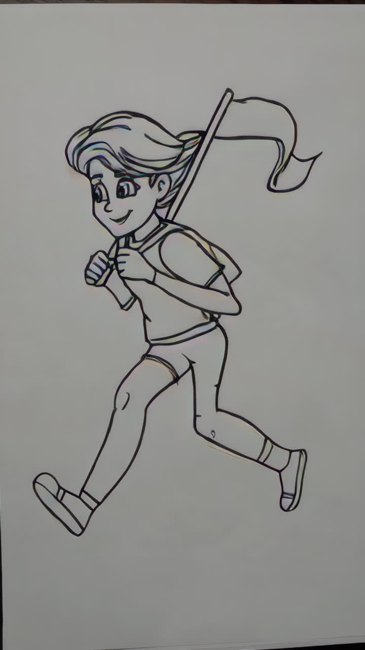 Line Art Drawing of a Cartoon Girl Running with a Flag