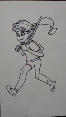 line art drawing of a cartoon girl running with a flag
