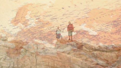 caucasian senior couple hiking in countryside holding hands on cliff, over turning map