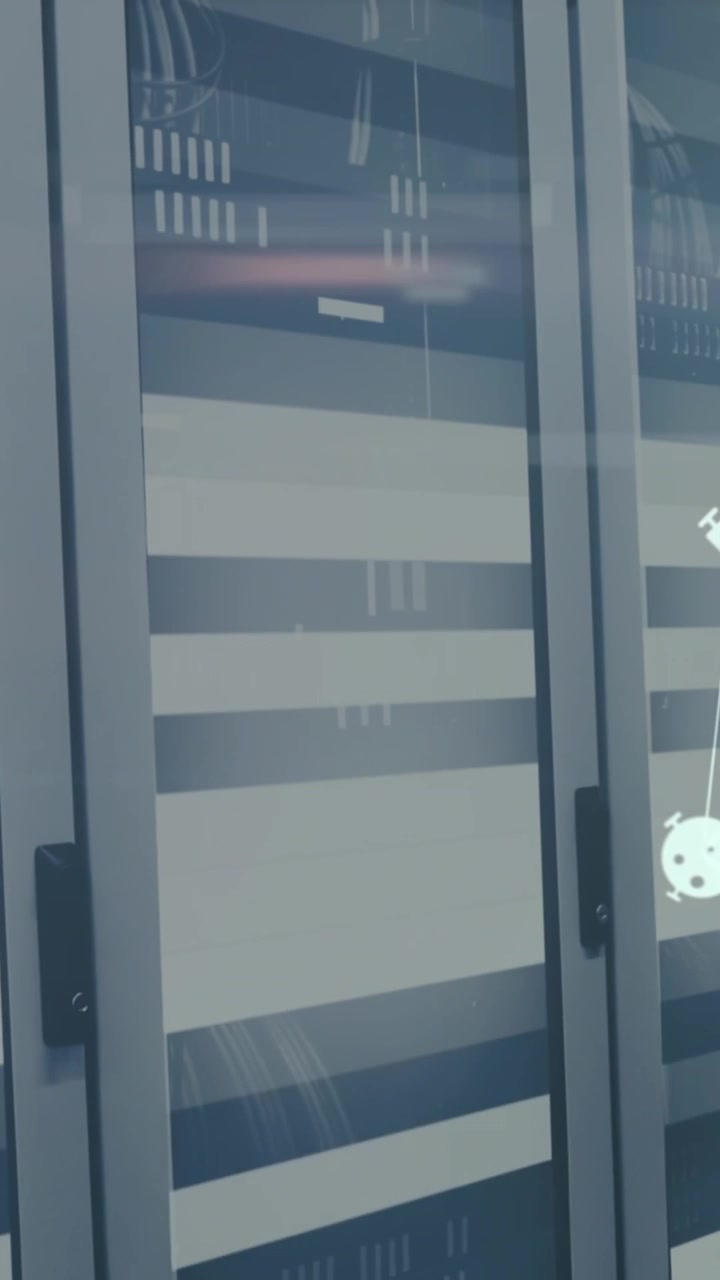 Animação de globos giratórios de ícones médicos e rastros de luz contra sala de servidores de computador
