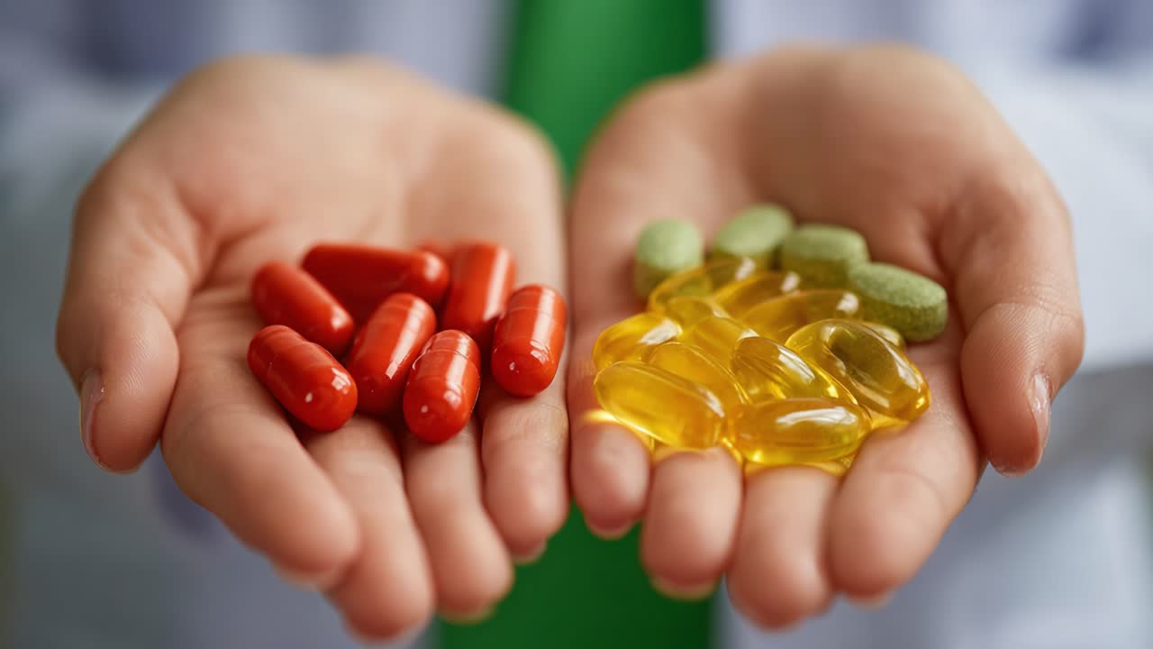 Un confronto pratico di vari integratori alimentari: capsule rosse particolari e colorate caramelle gommose presentate per gli appassionati di salute e nutrizione