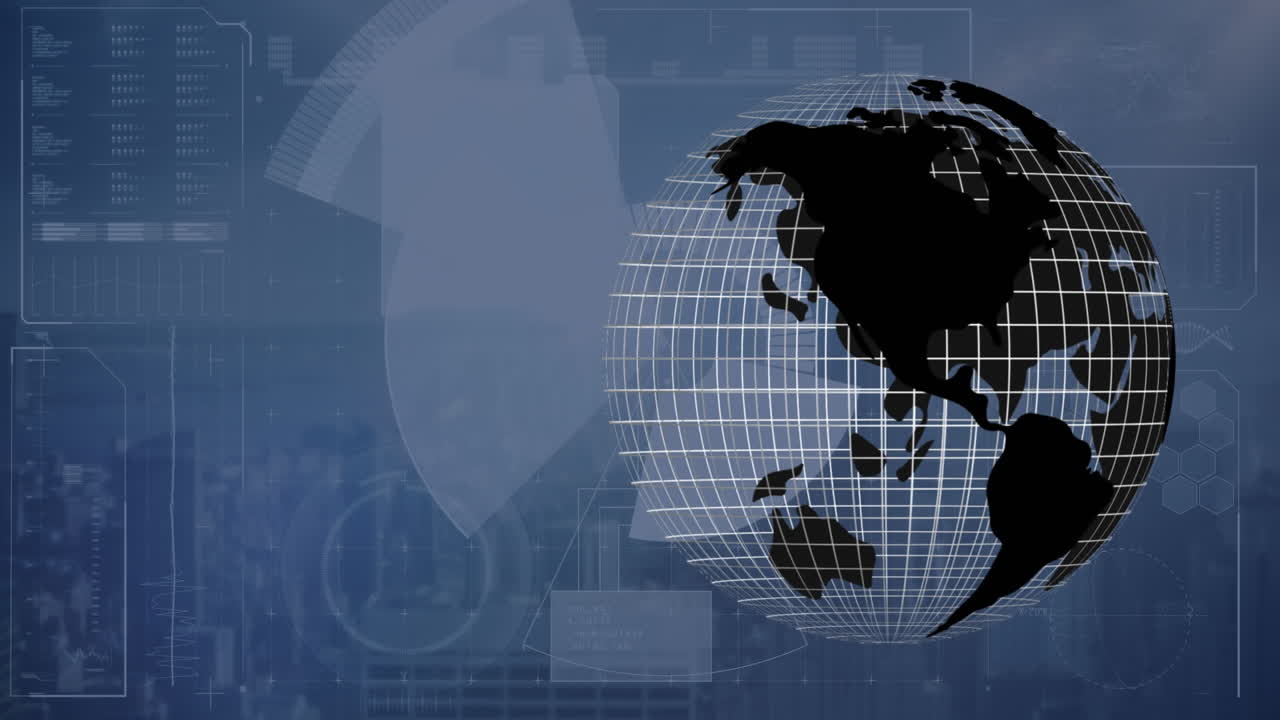 다양한 데이터와 함께 파란색 배경 위에 회전하는 지구의 애니메이션