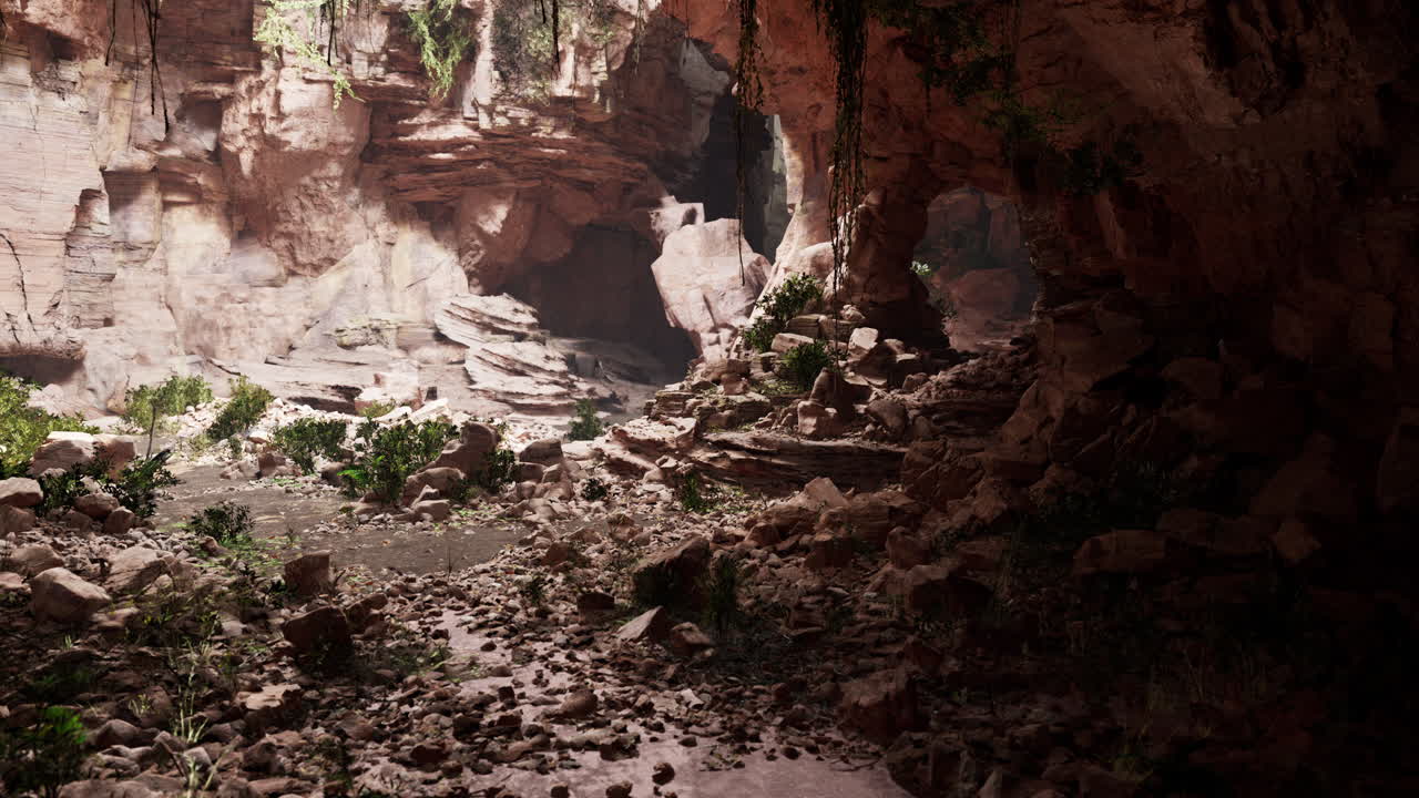 Esplorazione di grotte in un canyon di roccia rossa