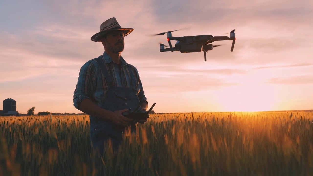 Agricoltore che manovra un drone su un campo di grano al tramonto