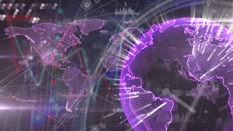 animación del mapa del mundo, globo con redes de conexiones y procesamiento de datos