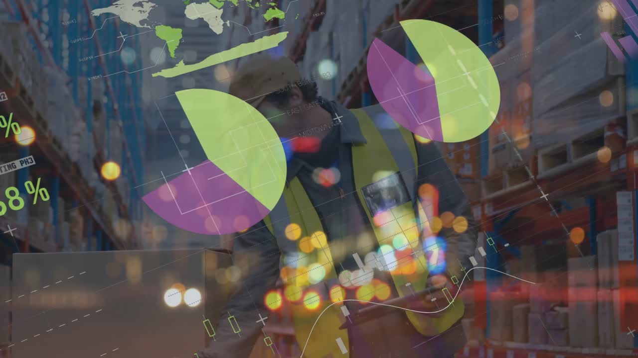 animación de gráficos y datos financieros sobre un trabajador de almacén caucásico