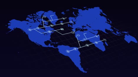 Blue-world-map-with-growing-white-network-of-connected-icons-on-black-background