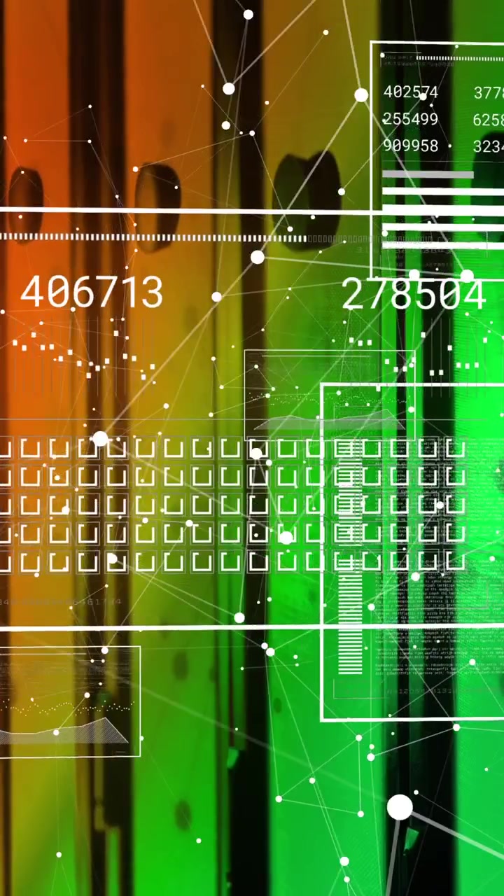 Animation of data processing and network of connections over server room
