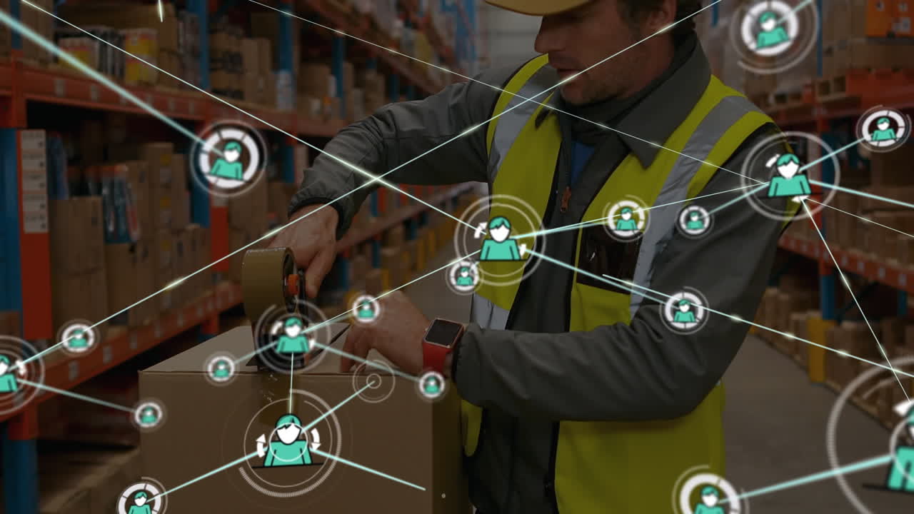 animación de una red de iconos de perfil sobre un trabajador caucásico que empaca una caja de entrega en un almacén