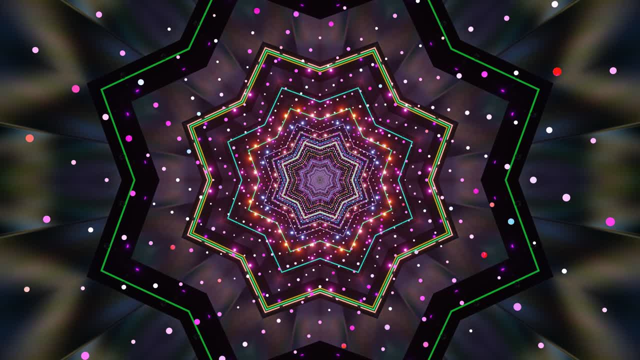 Colorful geometric shapes continuously transform and rotate in a mesmerizing pattern, creating an engaging visual experience suitable for digital displays and ambient environments