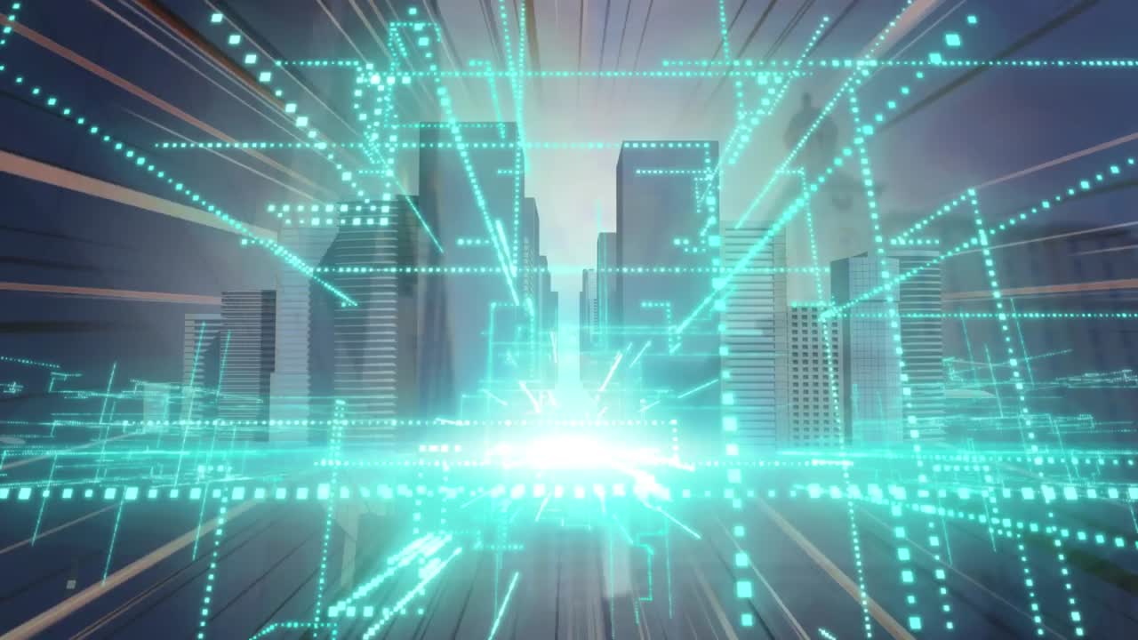 도시 풍경 위의 3d 도시 모델의 애니메이션