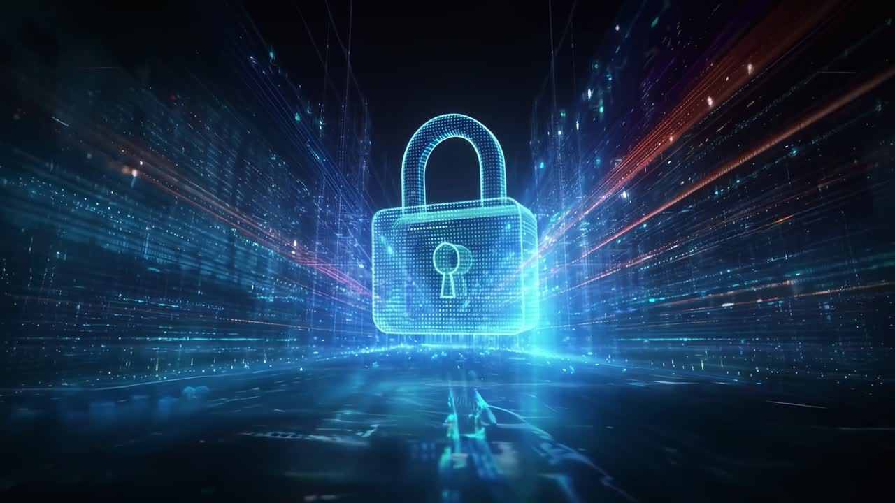 Futuristic video concept of digital security with a glowing lock, angled front view