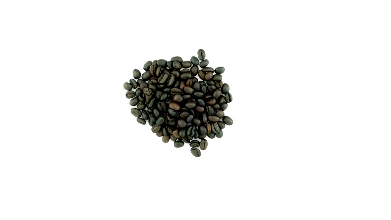 Top View of coffee beans transform to symbols cup and coffee text on white background Stop motion Time lapse shot
