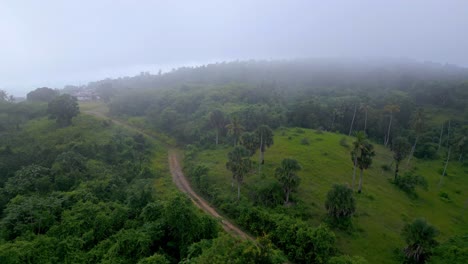 Aerial-flight-over-green-mountain-and-path-during