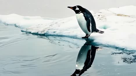 a penguin standing on top of an iceberg in the water