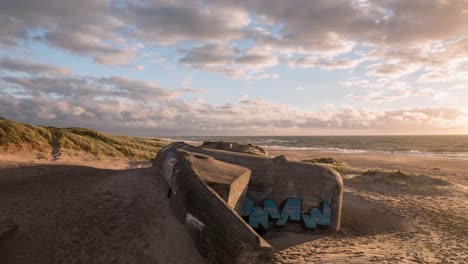 sunset at klitmoller denmark over the atlantic wall, german ww2 bunkers