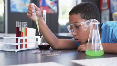 a young african american student examines chemical reaction in a classroom