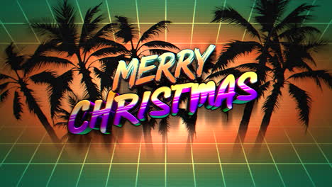 feliz navidad con árboles tropicales al atardecer al estilo de los años 80