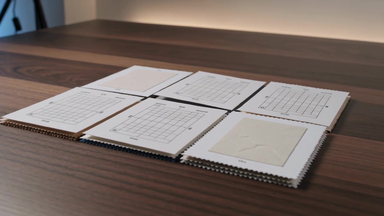 Flipping upper-left sample card, mechanism lifting and revealing corrugated edge on wooden table