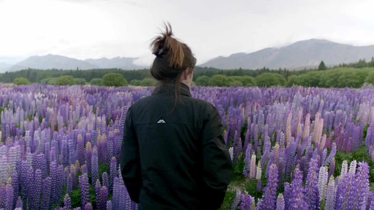 una chica caminando por un hermoso campo de flores violetas con montañas al fondo en un día nublado