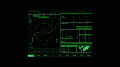 monitor display with world map and green data with infographic elements on black background