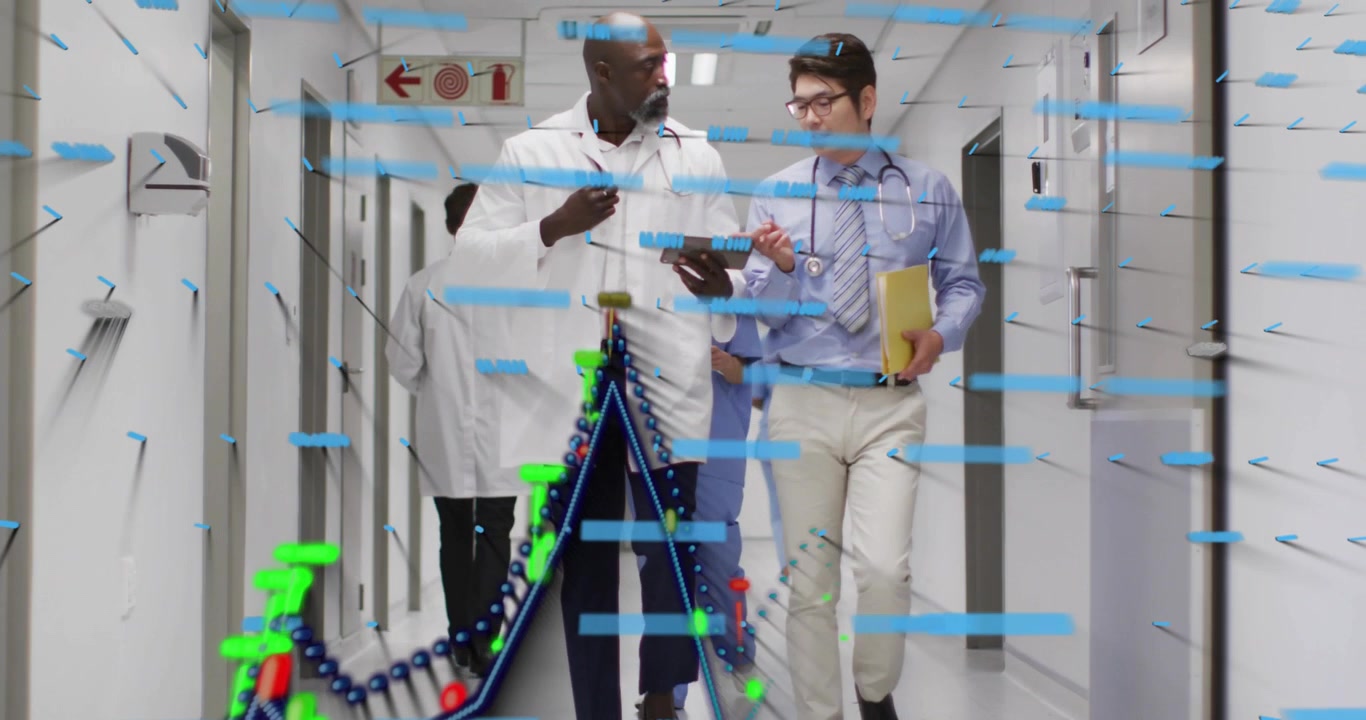 Two doctors walking hospital corridor, pointing at tablet, causing blue markers and 3D graph rising