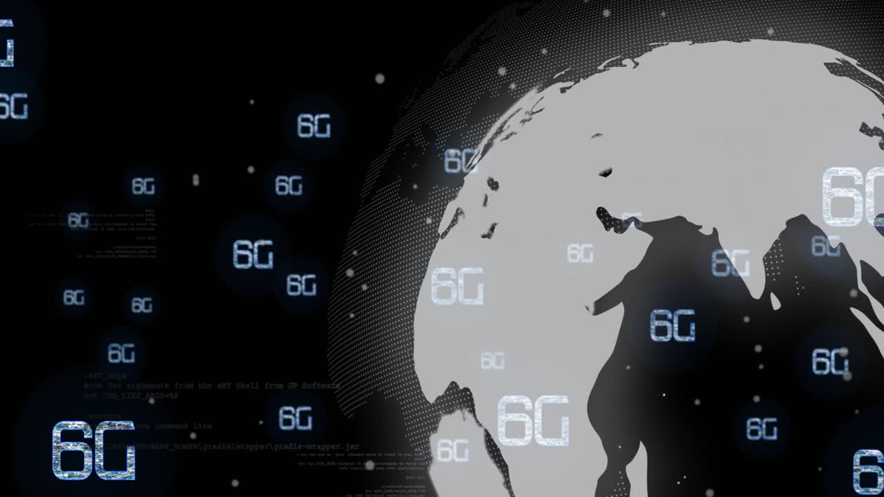 6G technology animation over digital globe with binary coding