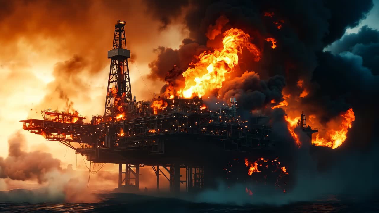 바다 에서 불타고 있는 석유 기지