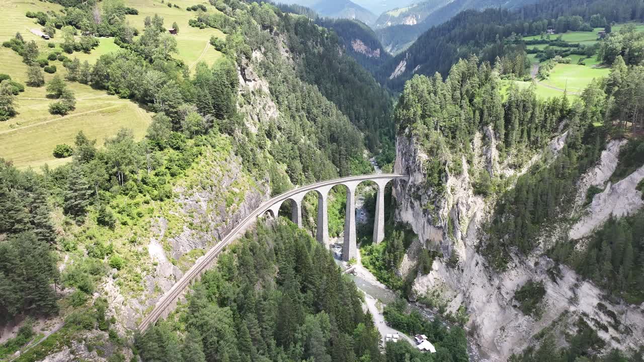 Aerial view of the Landwasser Viaduct in a Swiss alpine valley