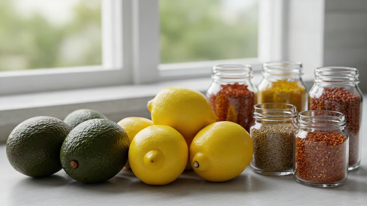 A Fresh Arrangement of Avocados and Lemons Next to Jars of Colorful Spices on a Kitchen Counter, Radiating Healthy Culinary Inspiration and Vibrant Aesthetics