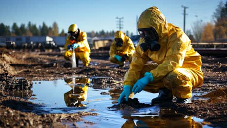 workers in protective gear assess contamination at a cleanup site in autumn