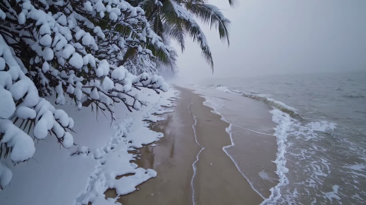 Aerial video captures a snowy beach with palm trees, blending winter and tropical vibes