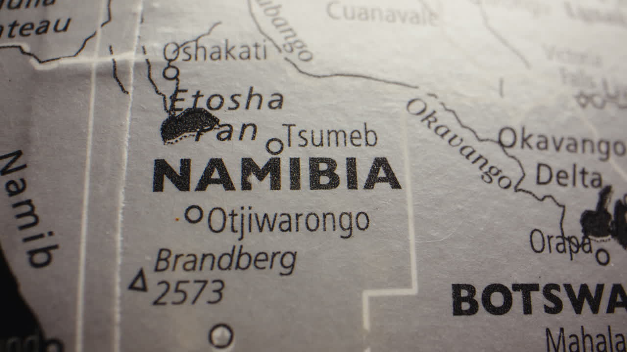 Close-up view of Namibia on a world map