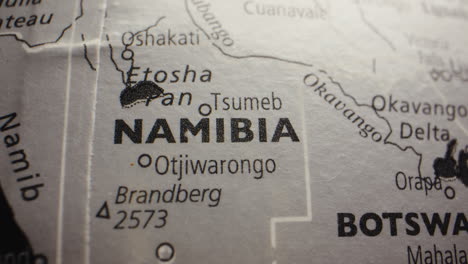close-up view of namibia on a world map