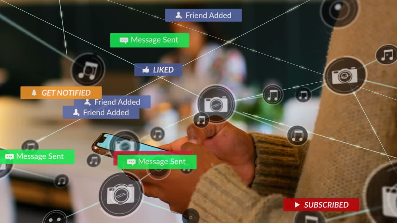 드폰을 사용하는 두 인종 남성의 중간 부분에 대한 알림과 함께 연결된 아이콘의 애니메이션