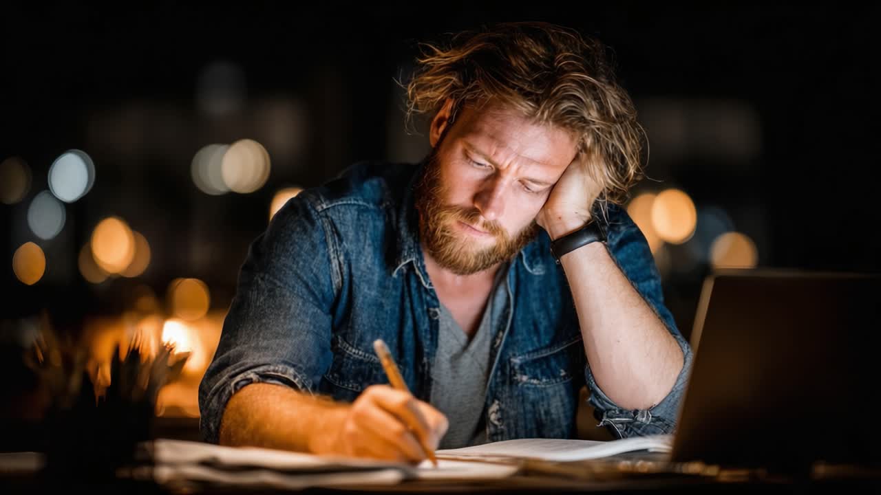 En fokuseret person fordybet i tanker, mens han arbejder med noter ved et skrivebord med en computer i et dæmpet belyst miljø, der afspejler kampen mellem kreativitet og koncentration.