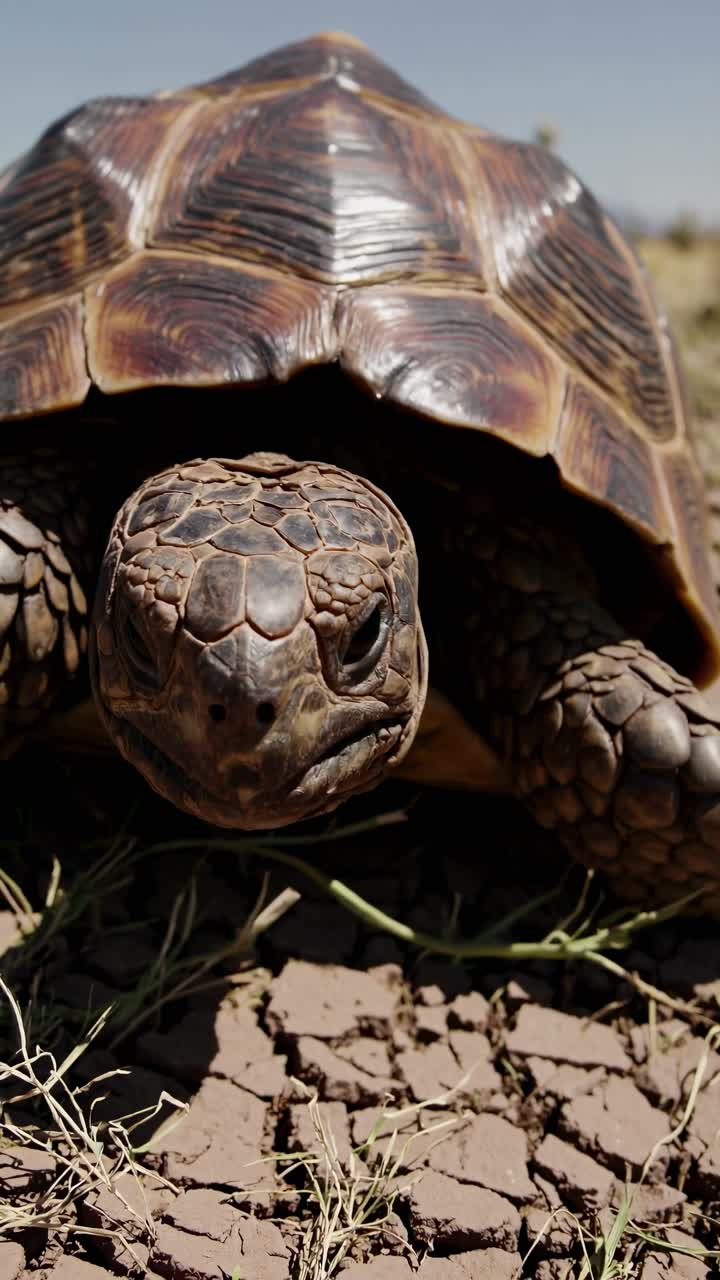 Close-up, low-angle video of a tortoise on cracked earth, highlighting its textured shell and rugged