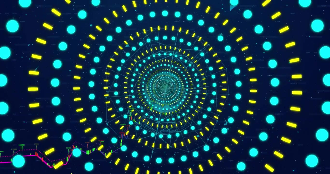 Abstract Digital Tunnel with Glowing Circles and Financial Data Graphs