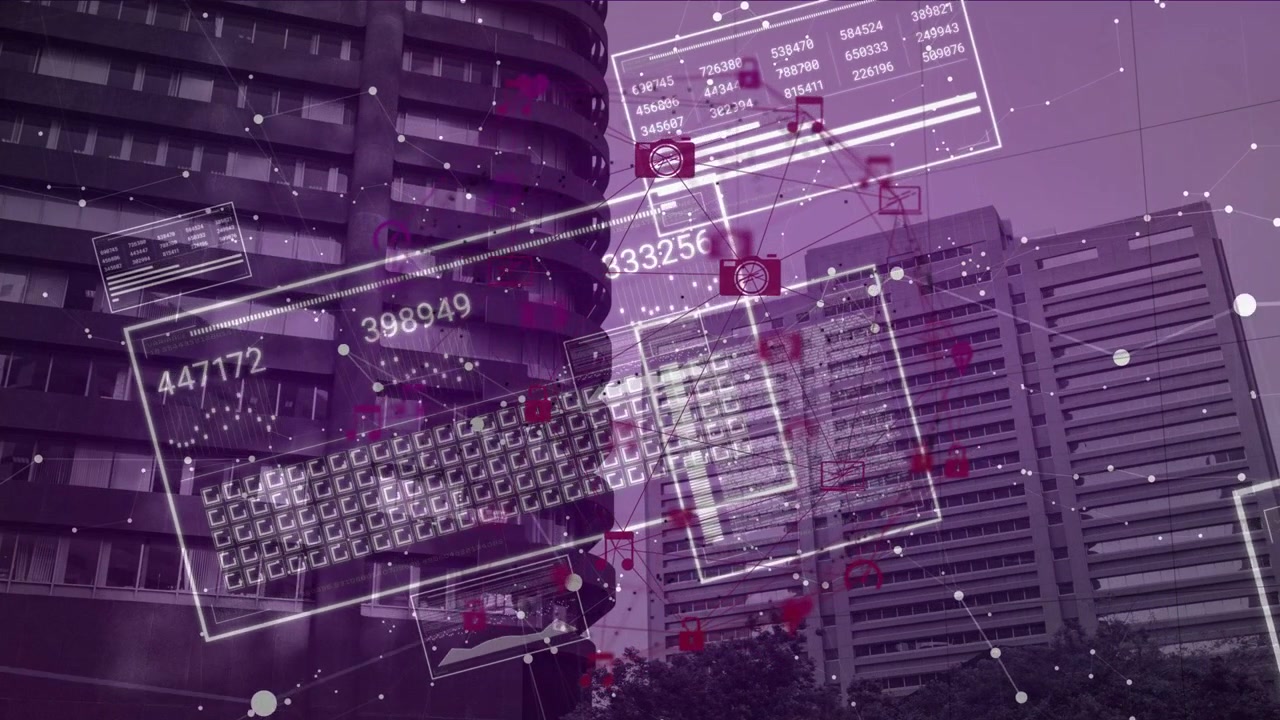Vertical video: Towers filling frame, HUD appearing and scanning facades with red nodes for tech