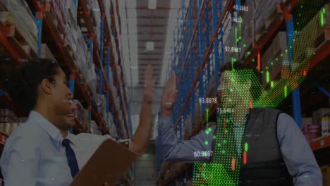 animation of financial data processing over diverse business people in warehouse