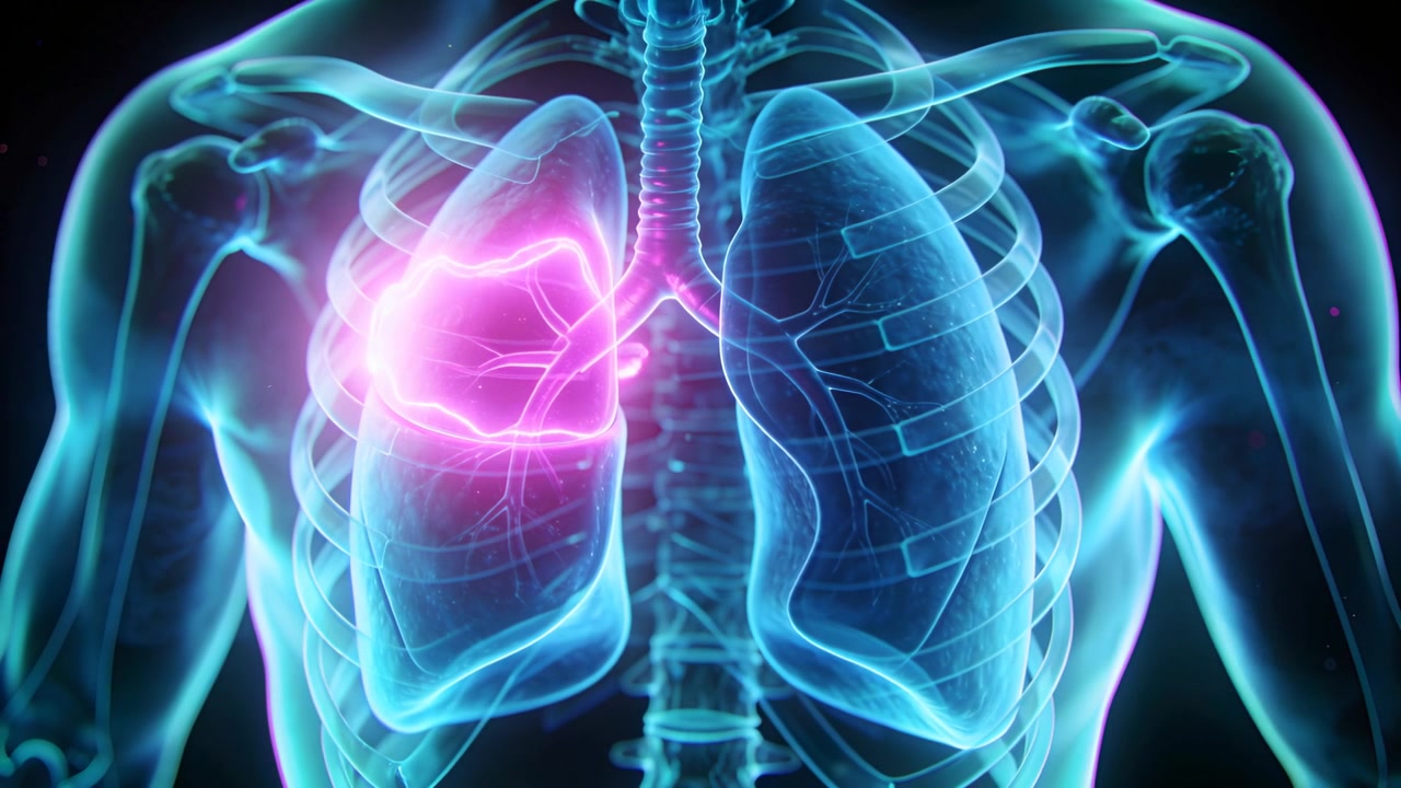 Animazione del torso che segue un punto rosa luminoso, evidenziando il polmone sinistro per la visualizzazione clinica.