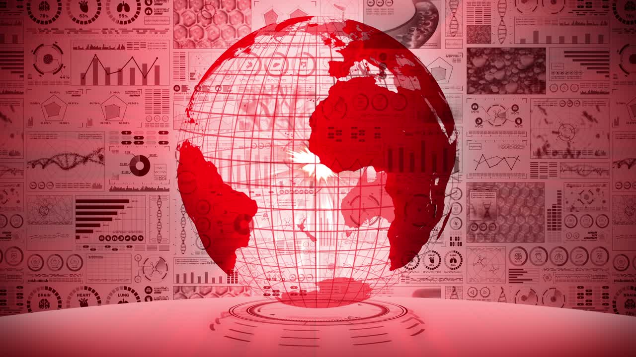 pandemia de infección. tierra global con puntos rojos de infección. holograma médico elementos de datos digitales gráfico. control infeccioso. vírus de curación. animación en bucle.