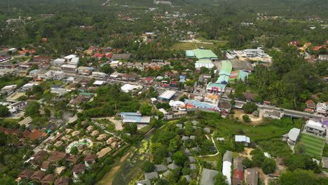 aerial circling mae nam neighborhood in koh samui, thailand