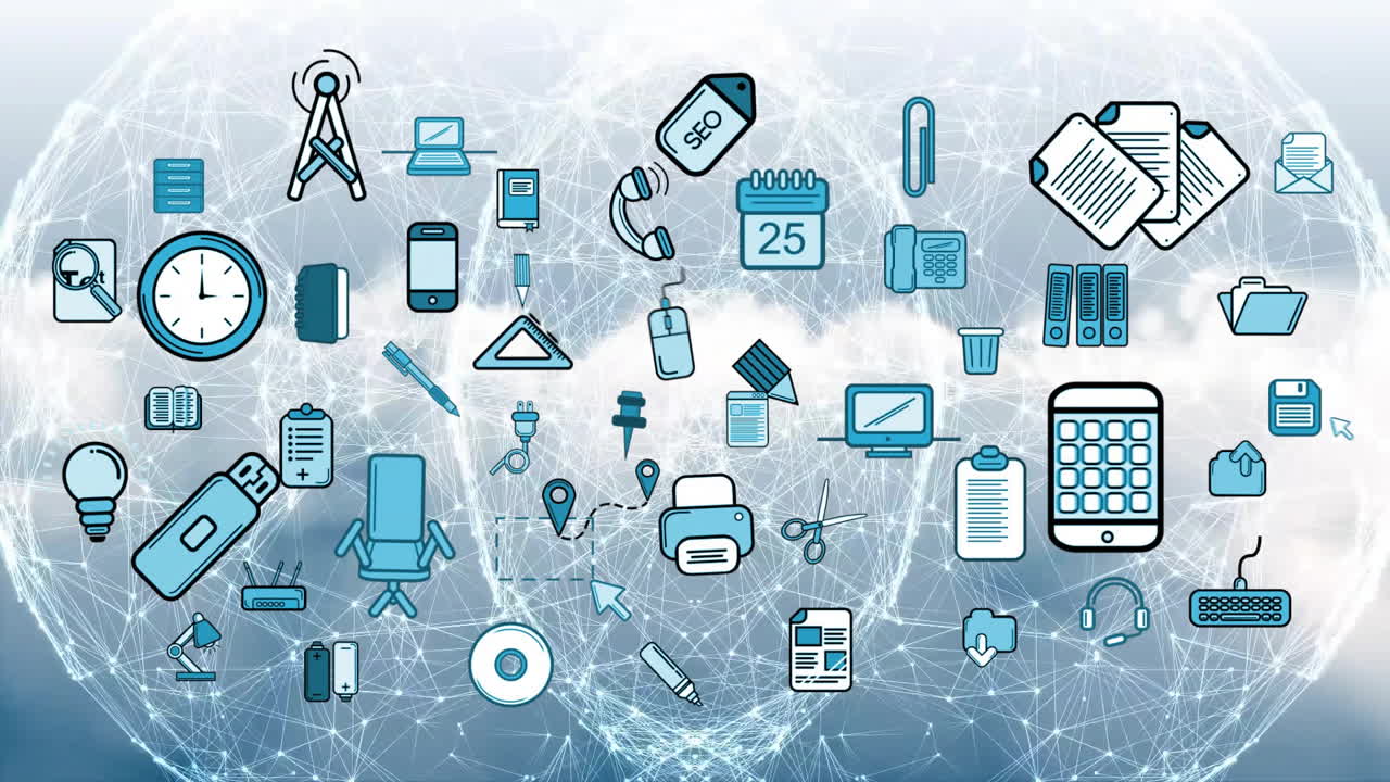 Cloud network floating across backdrop, showcasing flat-design blue and white technology icons