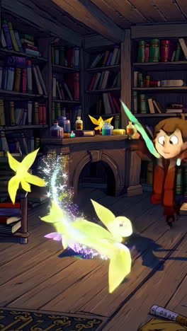 magical library scene with a child