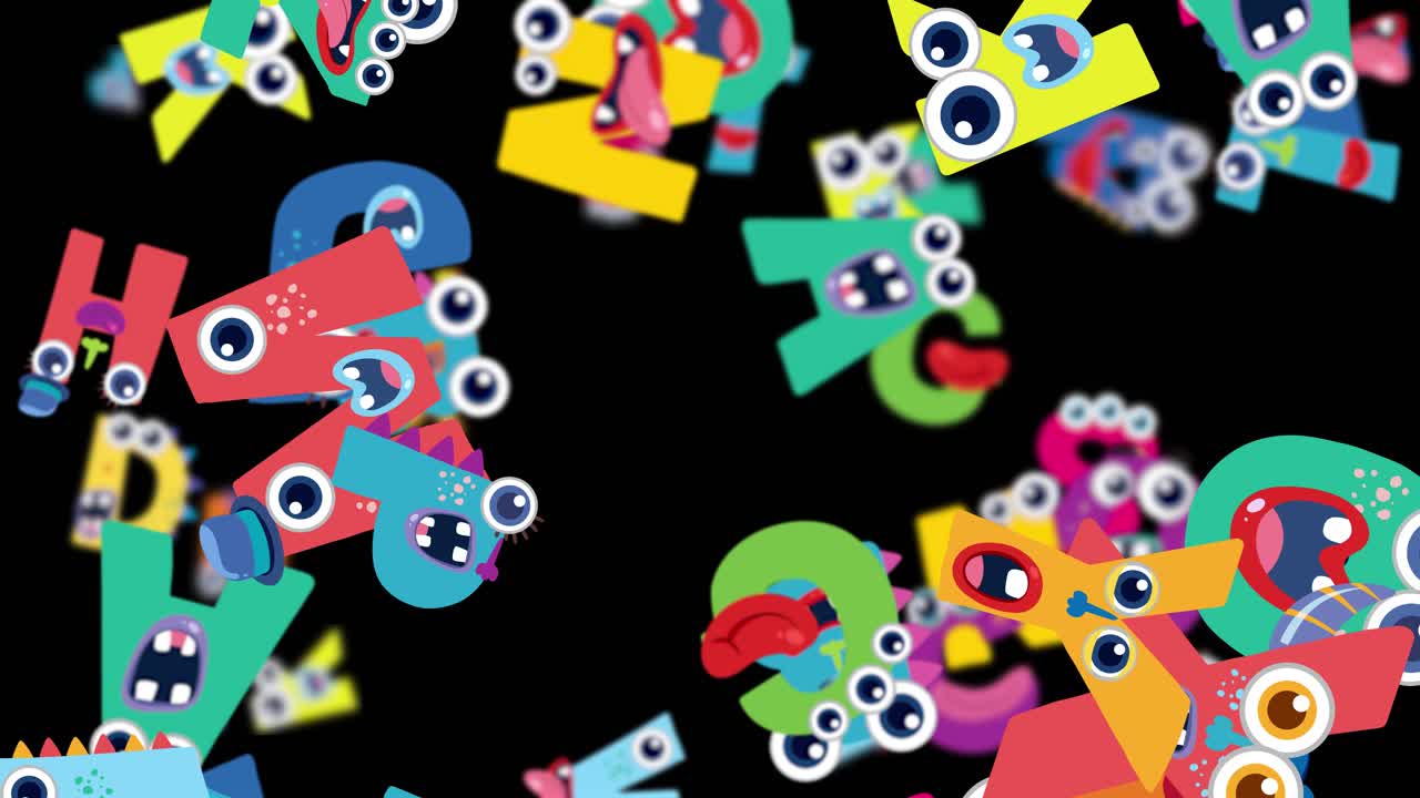 Vibrant letters with eyes and mouths animate against a black background, creating a lively and whimsical atmosphere