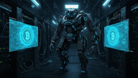 futuristic robot in a data center with blockchain visuals: a high-tech showcase of artificial intelligence interacting with cryptocurrency networks and graphics