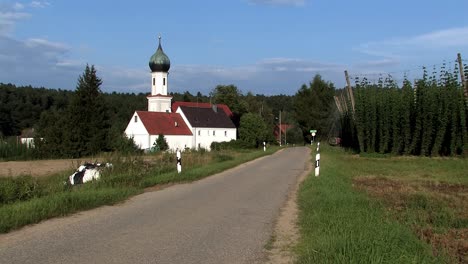 Country-road-to-church-of-pilgrimage-"Lohwinden"-with-hop-garden,-Bavaria,-Germany