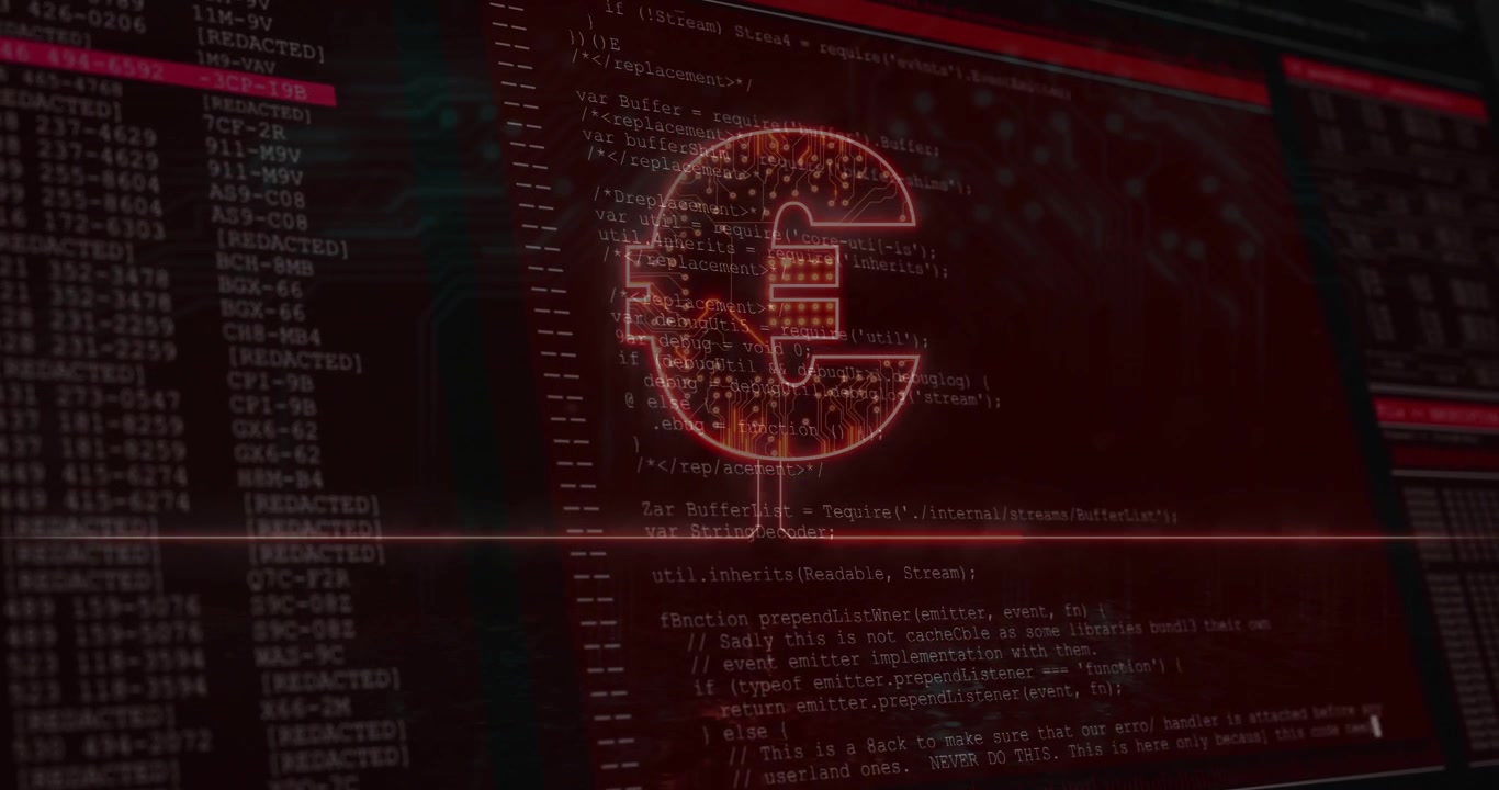 Glowing euro symbol pulsing as camera sweeping revealing scrolling code for finance market data
