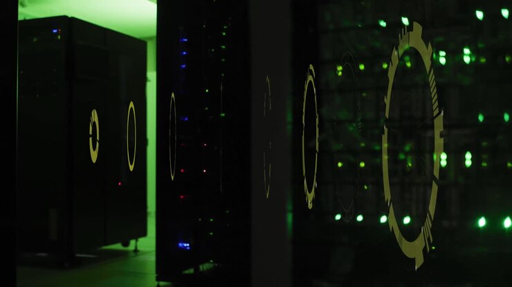 Animation of multiple round scanners spinning against computer server room